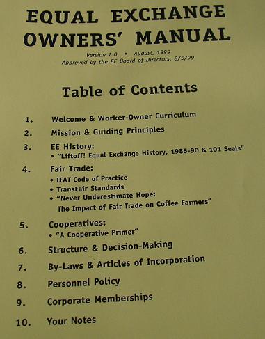 EE Owners Manual Table of Contents