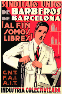 Poster of the Sindicato Único de Barberos (Single Barbers’ Union) (1937). Ricard Obiols CC BY-NC-ND