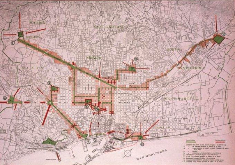 Map of street-fighting and barricades in Barcelona during the opening stages of the Spanish Civil War.
