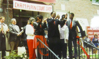 Historical photo of ribbon cutting ceremony at Champlain Court Co-op.