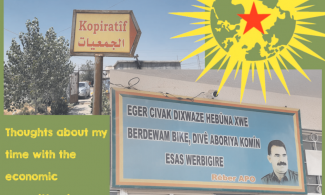 Cover graphic of "Revolution and Cooperatives: Thoughts about my time with the economic committee in Rojava"