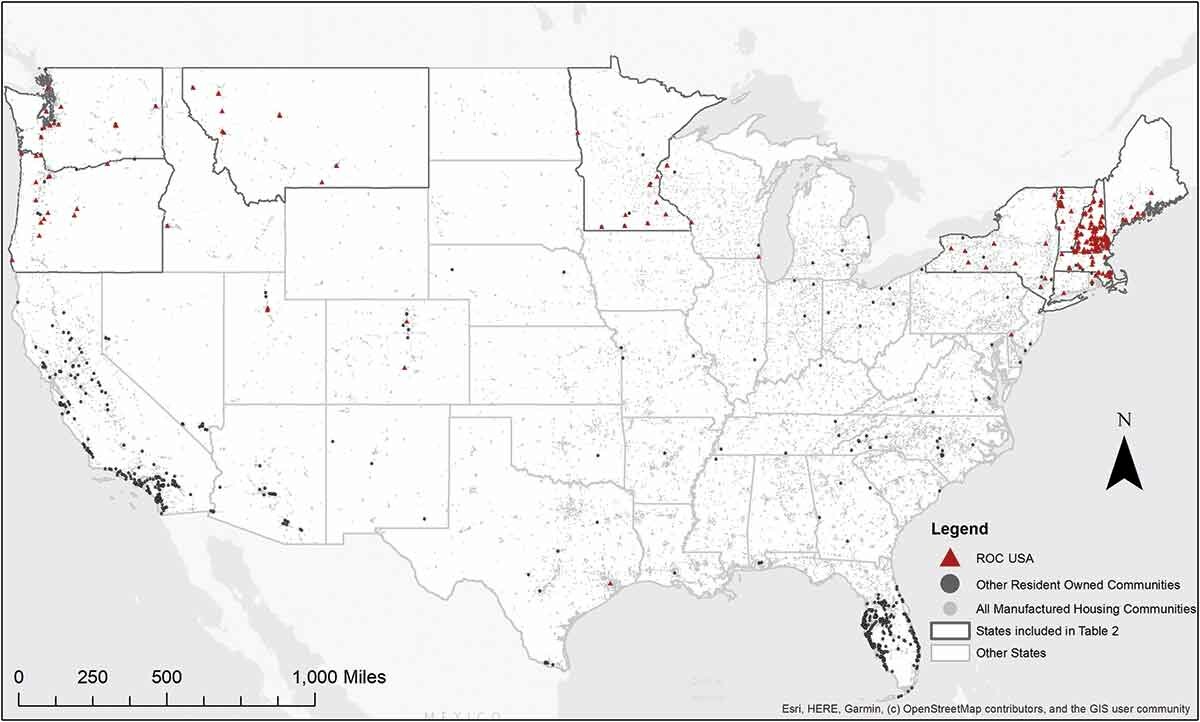 Map of the USA, showing manufactured home communities, ROC USA communities, and other Resident Owned Communities.