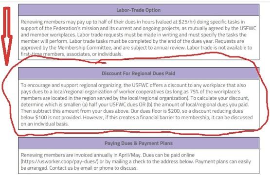 Original dues sharing policy from the USFWC website that provided discounts on USFWC dues to workplaces that paid dues to a local or regional organization.