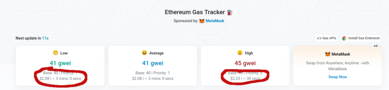 Screenshot of a website showing gas fee rates converted to dollars.