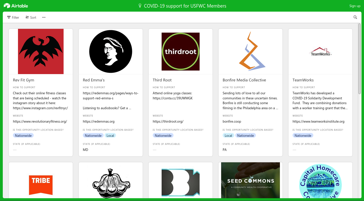 Screen capture of the USFWC Covid-19 support website.