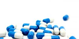 Blue and white pills.