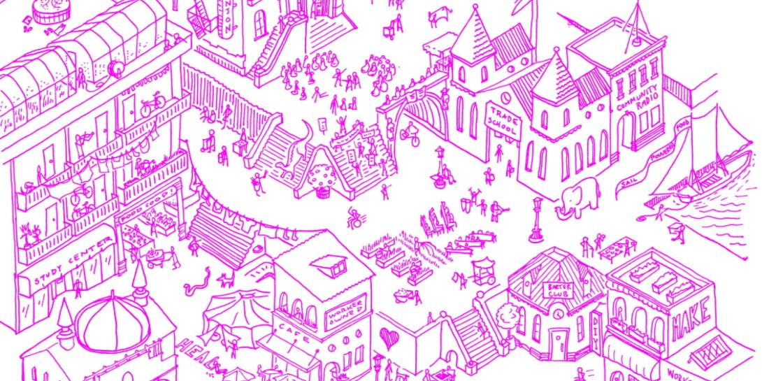 Line drawing of an imagined town where multiple economic activities are being done.