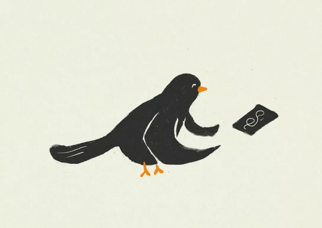 black bird with a cassette tape.