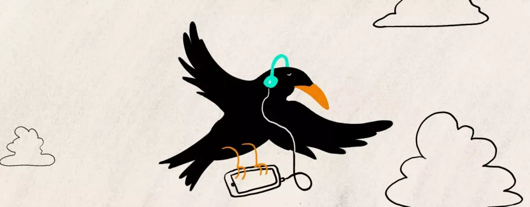 cartoon blackbird wearing headphones and carrying a smartphone.