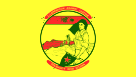 Solidarity with Rojava Flag, which reads "Co-operation against fascism, Solidarity with Rojava."