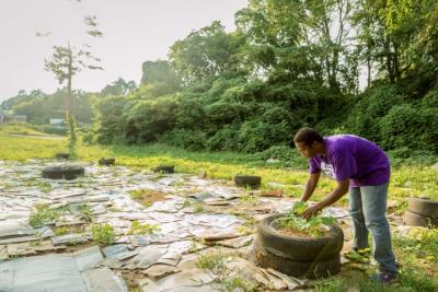 Majadi Baruti tends the pumpkin patch at the Dynamite Hill-Smithfield Community Land Trust in Birmingham, Ala., on August 10. (Photo by Lynsey Weatherspoon)